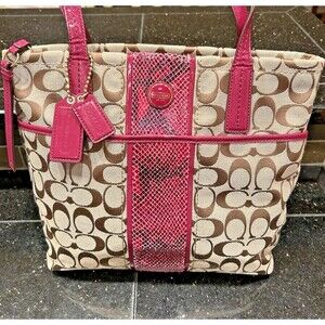 Coach Signature Raspberry Pink Python Snake Stripe Tote F25706 Y2K